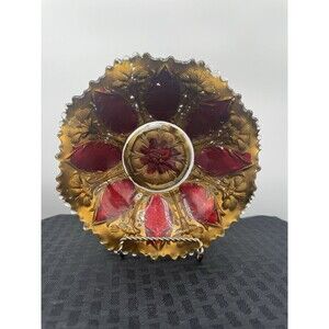 Antique pressed red & gold Goofus Glass candy dish 1890 - 1900